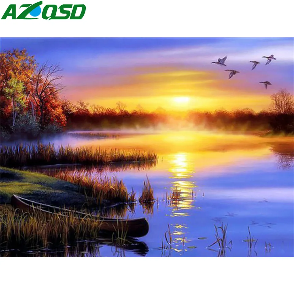 

AZQSD 5D DIY Diamond Embroidery Landscape Sunset Diamond Painting Scenic Sea Needlework Home Decor Picture Rhinestones Handmade