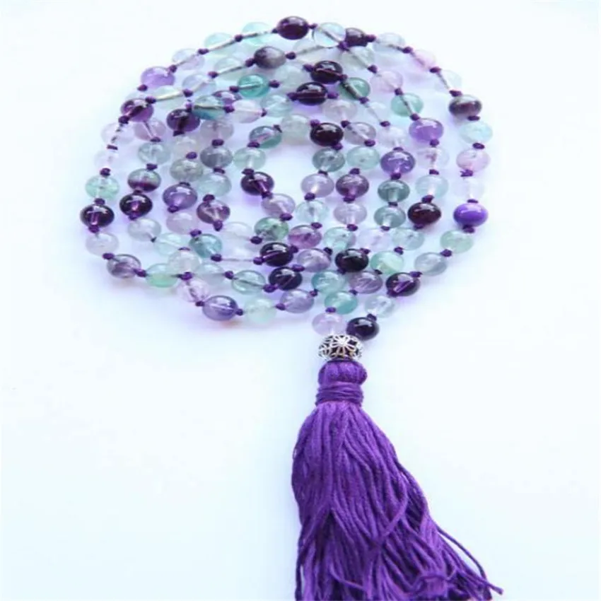 

e HandmadeMM 108Knot fluorite Mala Necklace mencuff Rainbow Long spirituality Cotton Chakas with Tassel Meditation Unisex