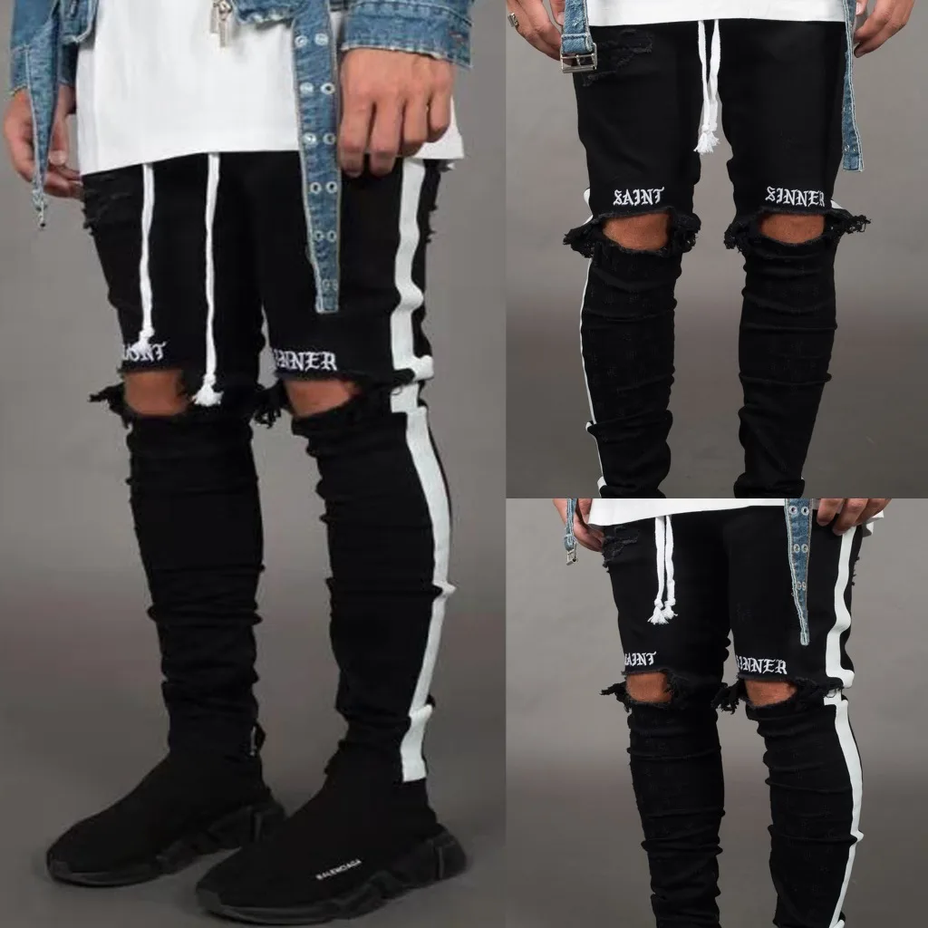 

High quality stretch Men Knee Ripped Skinny Jeans 2019 Black Pencil Denim Trousers Designer Distressed Side Striped Joggers Pant