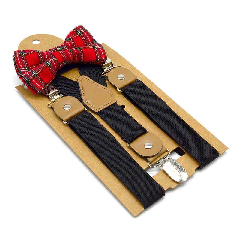 

Children's fashion autumn and winter solid color strap clip bow tie set elastic elastic strap 3 clip hanging pants clip