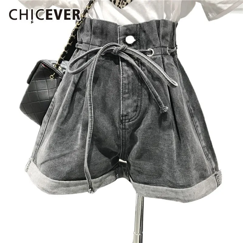 

CHICEVER Spring Women Denim Short Pant High Waist Lace Up Drawstring With Button Pockets Loose Female Wide Leg Pants 2019 New