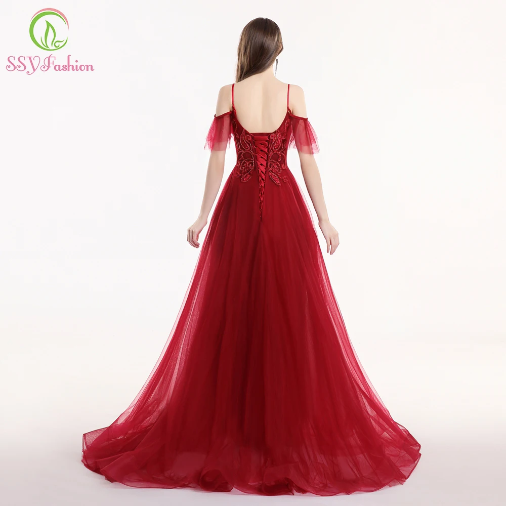 Preise SSYFashion Neue Luxus Abendkleid Robe De Soiree Bankett Schatz Burgund Spitze Perlen Sweep Zug Lange Formale Abendkleid