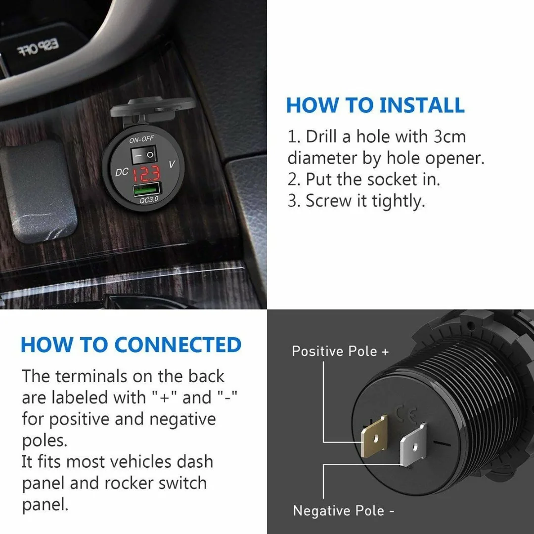 QC 3.0 USB دراجة نارية قارب شاحن سيارة محول مأخذ التوصيل LED الفولتميتر مع التبديل مهايئ شاحن المقبس ل دراجة نارية شاحنة