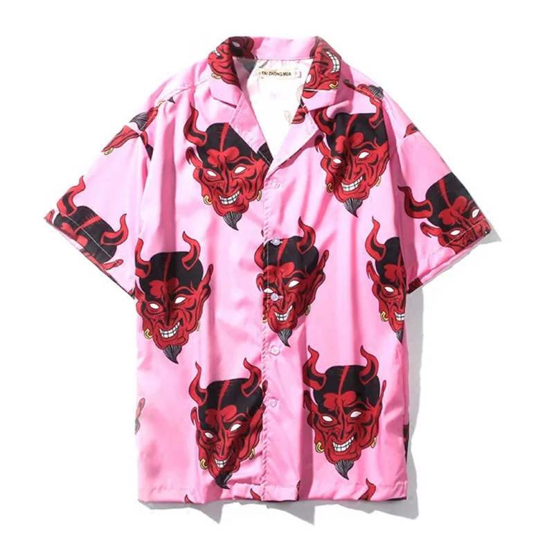 

#4254 Summer 2019 High Street Hip Hop Shirt Men Short Sleeve Funny Devil Printed Turn-down Collar Casual Shirts Men Pink/Purple
