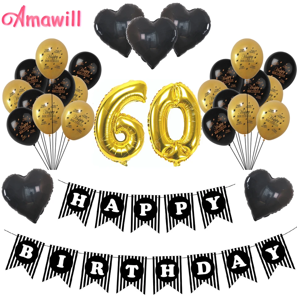 Amawill 60th BIRTHDAY PARTY DECORATIONS Gold&Black Latex Globos Happy Birthday Black Banner Gold 60 Balloons Party Supplies 75D