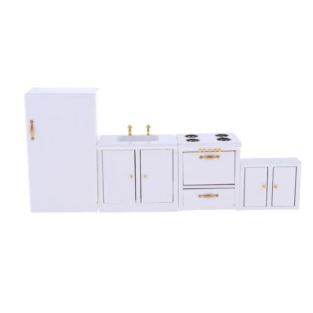  1:12 Scale Dollhouse Kitchen Furniture Wooden Refrigerator Sink Cabinets Model Miniature Doll House - 32971109147