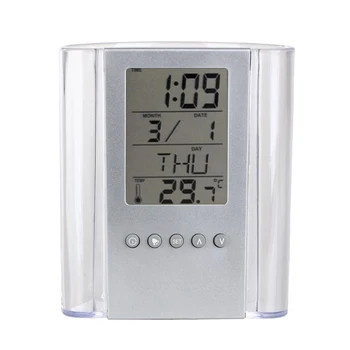 

Transparent Electronic Pen Holder Container Lcd Digital Alarm Clock Desk Pencil Holder Organizer Thermometer Calendar For Fami