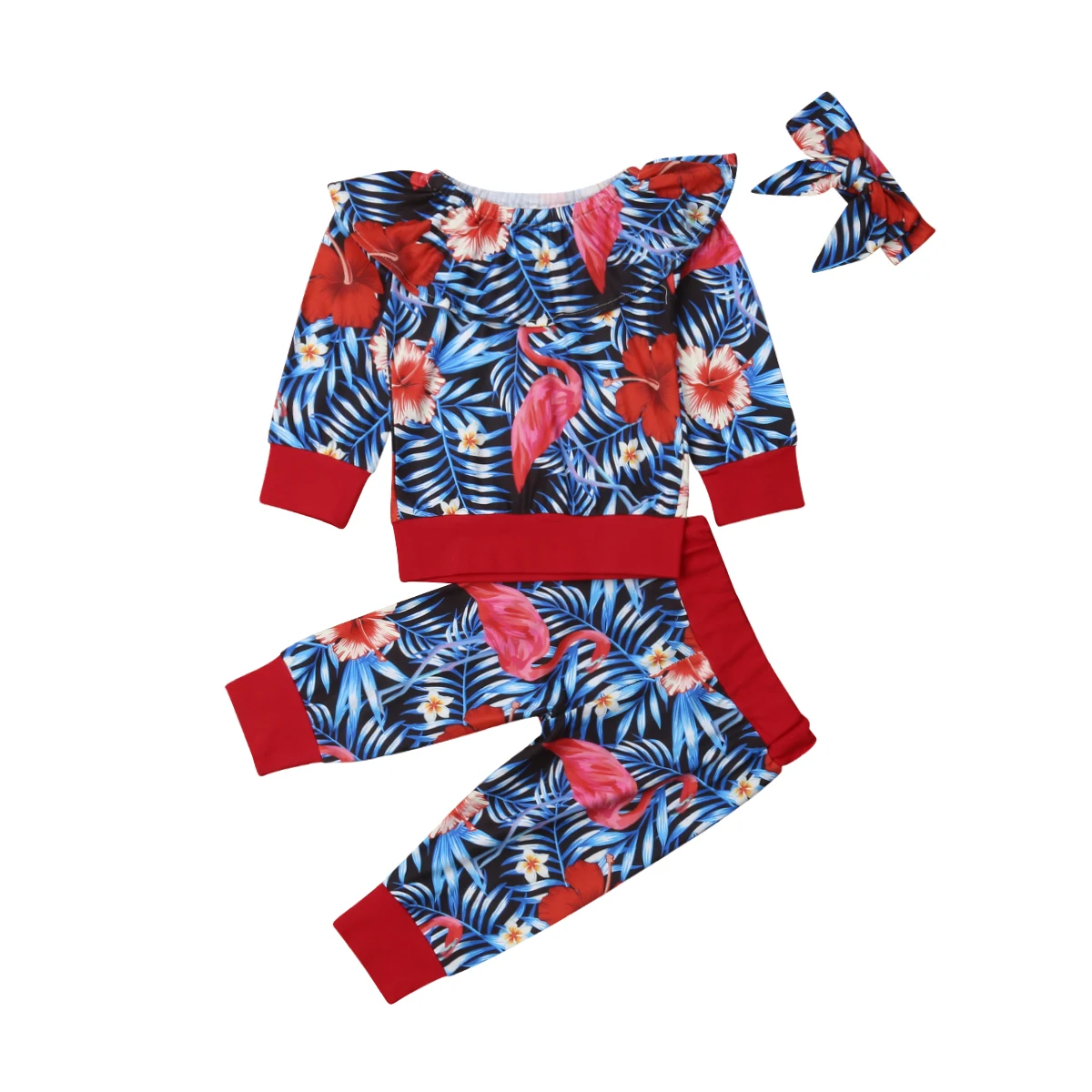 

3PCS Set Toddler Kids Baby Girl Flamingo Clothes Long Sleeve Pullover Tops Long Pant Headbnd Outfits Floral Clothing Set