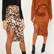 Women's Casual Skirt Leopard Print High Waist Sexy Bodycon Pencil Skirt Ladies Female Side Slits Mid-Caif Skirt