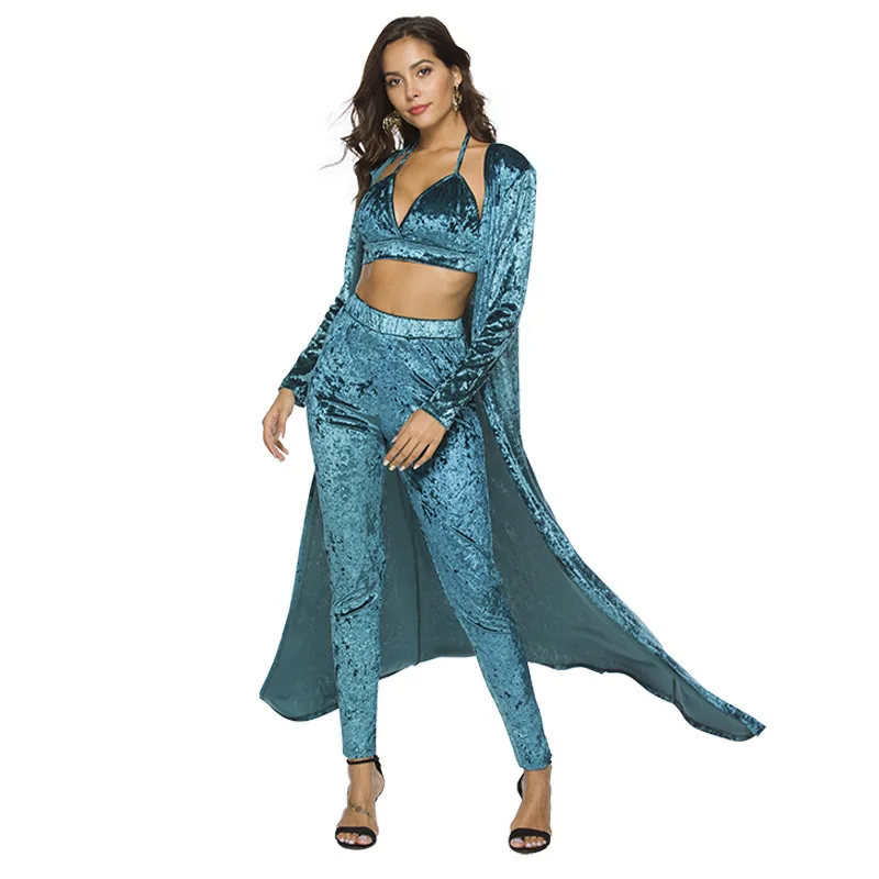 VITIANA Women Three Pieces Long Sets Female Velet Maxi Long Trench Cardigan Halter Bra Tops Full Length Pants Long Trousers VITIANA Women Three Pieces Long Sets Female Velet Maxi Long Trench Cardigan Halter Bra Tops Full Length Pants Long Trousers