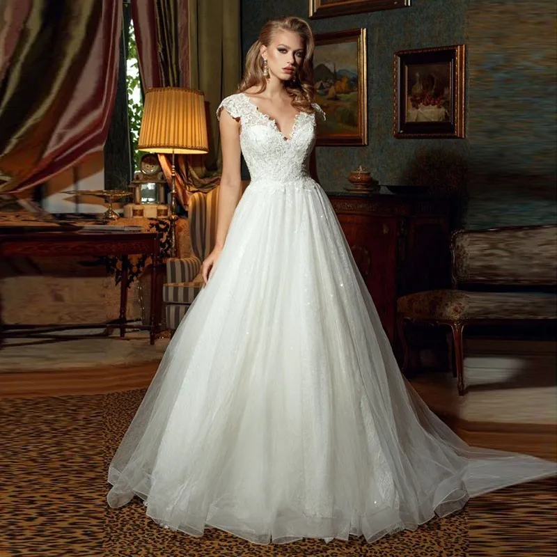 

Eightale Boho Wedding Dress Vintage V Neck Appliques Cap Sleeve Lace Bride Dress Princess Wedding Gowns vestidos de novia