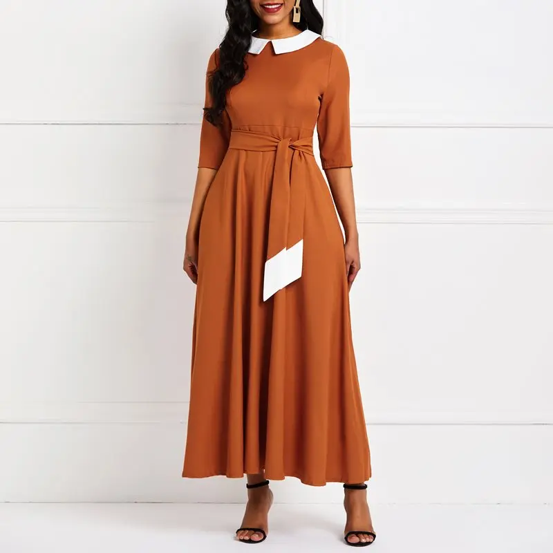 

Women African Long Dress Elegant Office Lace Up Summer A Line Pleated Robe Vintage Simple High Waist Ladies Casual Maxi Dresses
