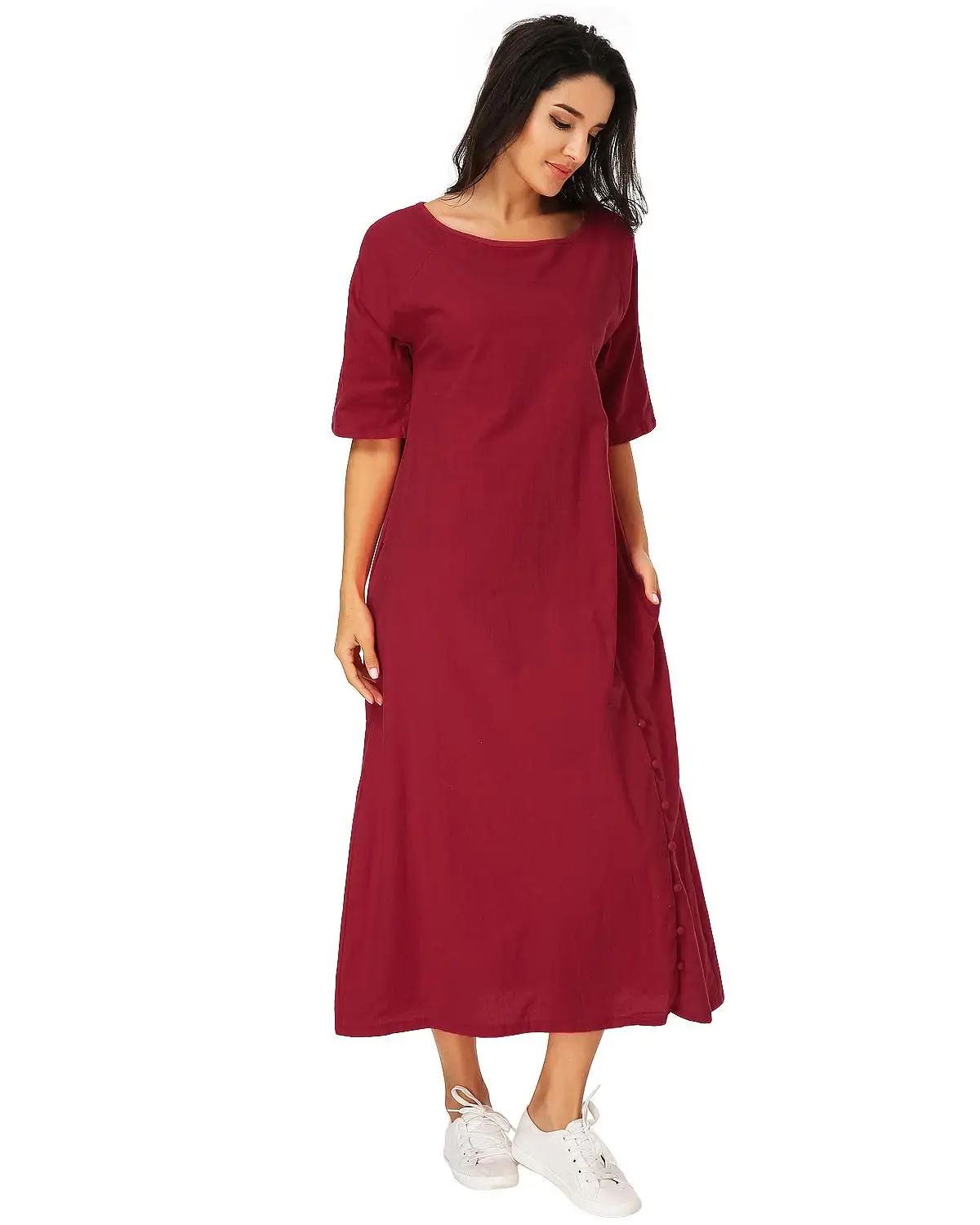 Women Vintage Mid calf Dress 2019 Summer Casual Loose O Neck Half Sleeve Solid Vestidos Elegant