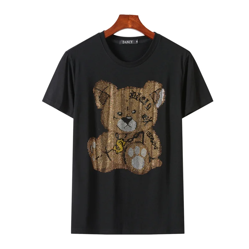 

2019 Bear Rhinestones T Shirts Men Brand Short Sleeve Fashion Man Streetwear O Neck Slim Modal Cotton Tshirts Camisetas Hombre