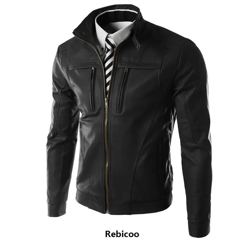

2019 New Casual Slim Men Leather Jacket Fashion Men PU Leather Jacket Solid Color Mandarin Collar Male Jacket Rebicoo269