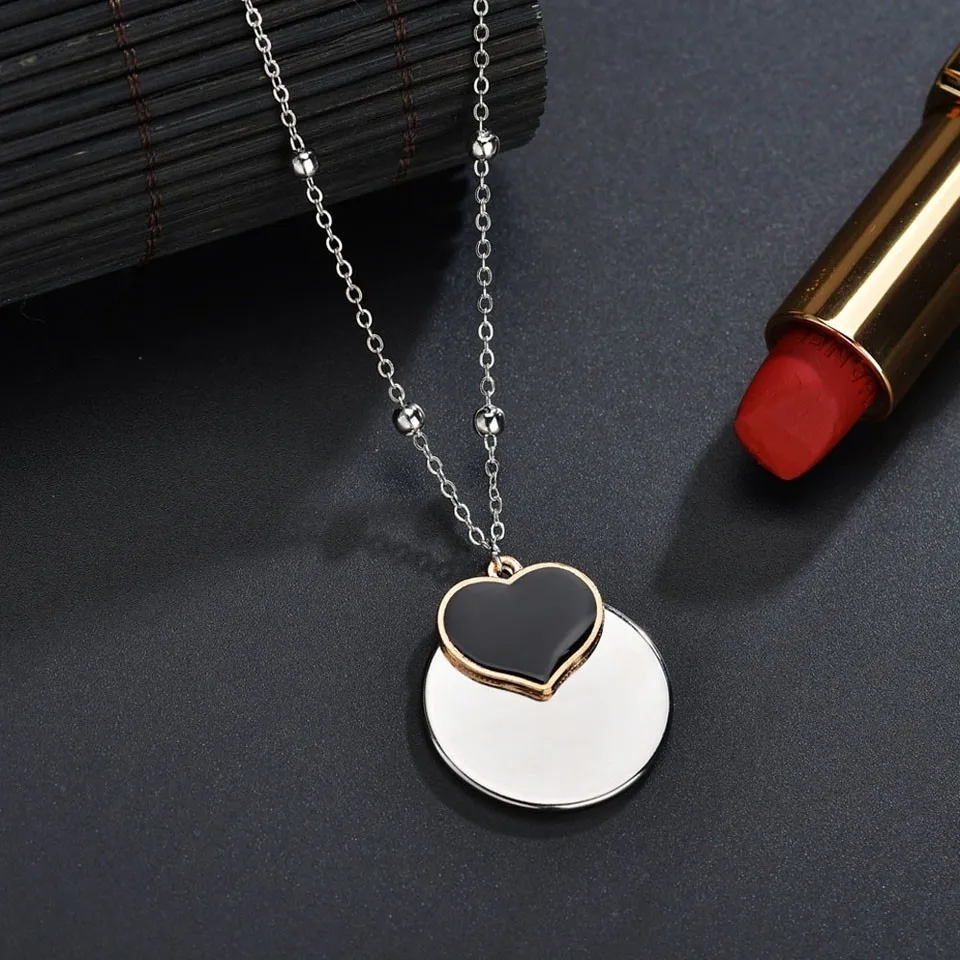 

Korean Style Women Trendy Pendant Necklace Black Heart On Round Pendant & Necklace Female Korean Style Handmade Wedding Jewelry