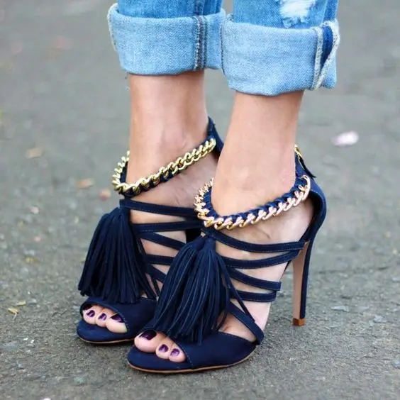 

Fashion thin Heeled Sandals Stiletto Summer Fringe Tassels Sandals Sexy Party Gladiator Metal Chains Women's Shoes Free Ship