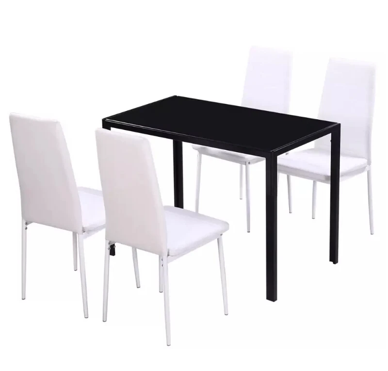 VidaXL 5pcs. Dining Table Set Black And White Tempered Glass Table Top 1 Black Table And 4 White Chairs Dining Room Furniture VidaXL 5pcs. Dining Table Set Black And White Tempered Glass Table Top 1 Black Table And 4 White Chairs Dining Room Furniture