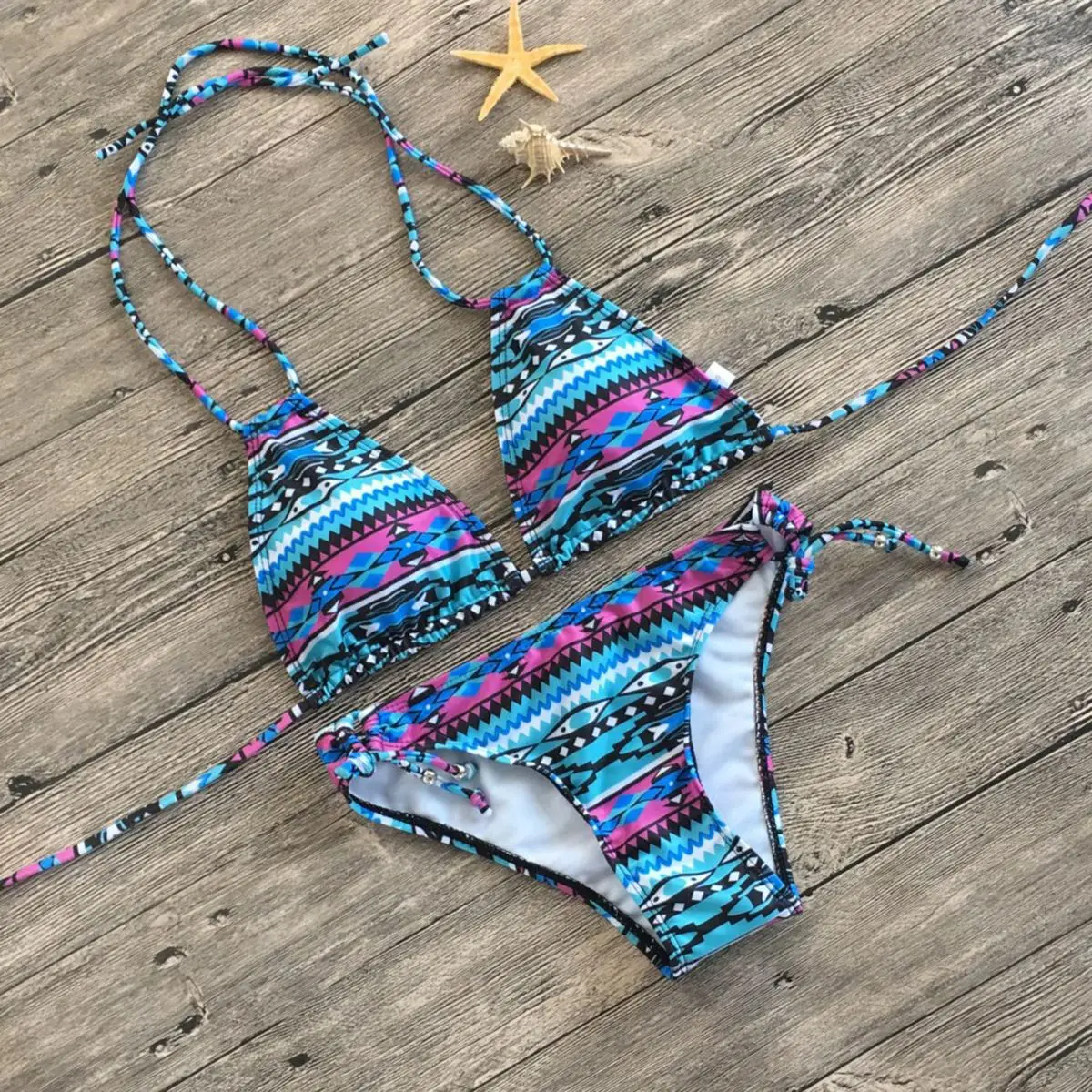 

New Summer Women Folk Bohomain Style Bra Set Push-up UnPadded Bra Drawstring Beach Bather Suit Suit Sexy Female biquini