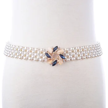 

2018 New Fashion Crystal Pearl Elastic Metal Belt Vintage Waistband Big Gems Wide Belt For Women Ladies Dress Long Belt