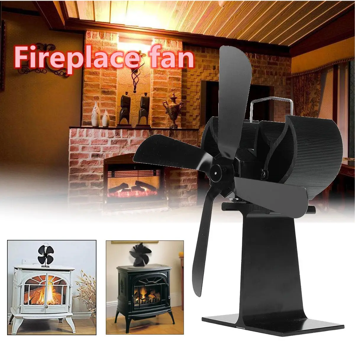

Black Stove Fan 4 Blade Fireplace Fan Heat Powered komin Wood Burner Eco Fan Friendly Quiet Home Efficient Heat Distribution