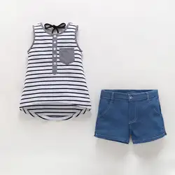 2019 Новая повседневная одежда для девочек, летняя рубашка в черно-белую полоску без рукавов с круглым вырезом + штаны, размер 1-5 лет