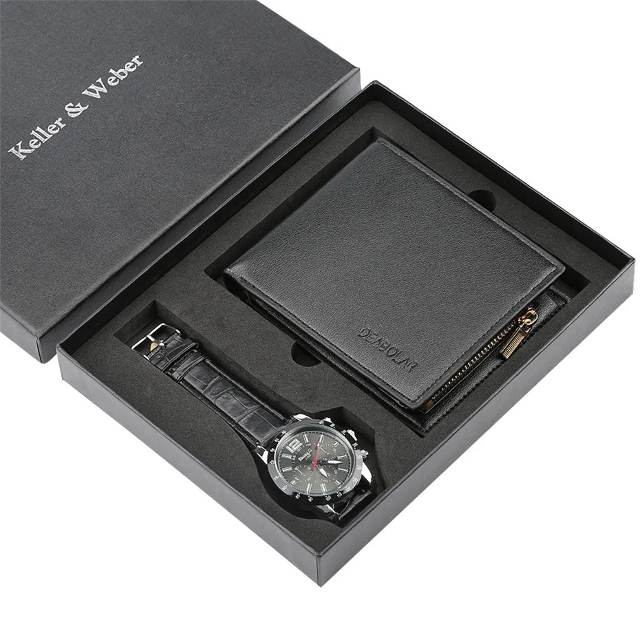 

Chronograph Watch Mens Quartz Watches Fashion Leather Wallet Men's Gifts Set Luxury Purse Business Wristwatch for Male reloj