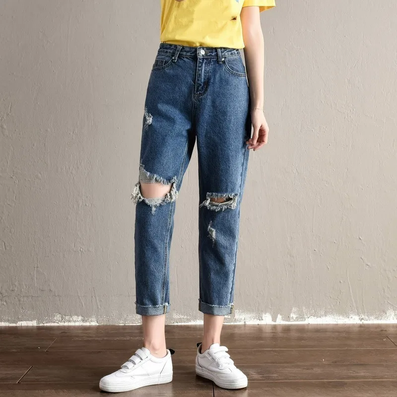 

Spring Summer Women High Waist Boyfriend Jeans Mom Ladies Denim Pants Ripped Hole Loose Denim Jeans For Female