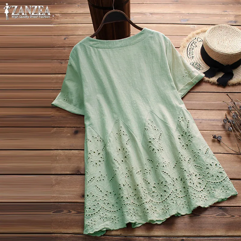 ZANZEA размера плюс LinenTop женская блузка женская рубашка с коротким рукавом Повседневная Туника Топ Вышивка рюшами летняя Рабочая блуза 5XL