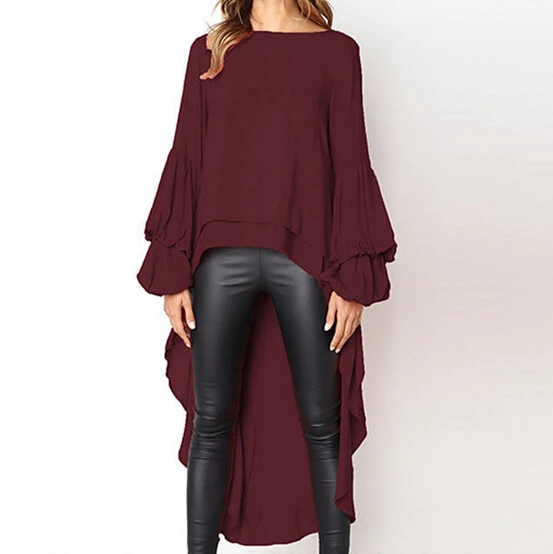 

New Stylish Autumn Women's Long Puff Sleeve Irregular Cut Baggy Asymmetric Crew Neck Tops Blouse Shirt Plus Size S-3XL