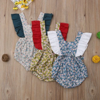 

Fashion Newborn Girl Bodysuits Cute Flower Print Sleeveless Baby Bodysuit Ruffle Baby Girl Jumpsuit Sumsuit Infant Outfits 0-24M