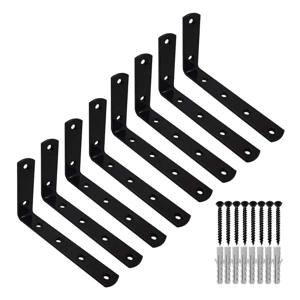 

New 5x3 inch L Shaped Corner Brace Shelf Brackets x 8. Right Angle Black Solid Steel Supports for 4 Shelves. Discreet Hidden S