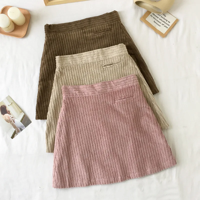 

A line Pocket Corduroy Skirt Women Girl Winter Spring New Chic Korean Style Teenager Casual Skirts Mini Female High Waist Haraju