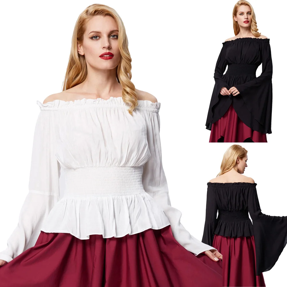 Belle Poque, летняя Готическая рубашка,, Женская Однотонная рубашка, Ретро стиль, Ретро стиль, Ренессанс, средневековый Готический, викторианский стиль, рукава-колокольчики, топы