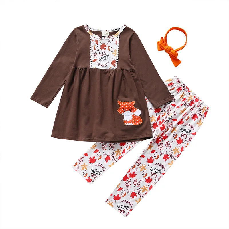 

long sleeve cartoon fox dress+pants+headband kid girls clothes summer boutique clothing set toddler children girl outfits 2-6Y
