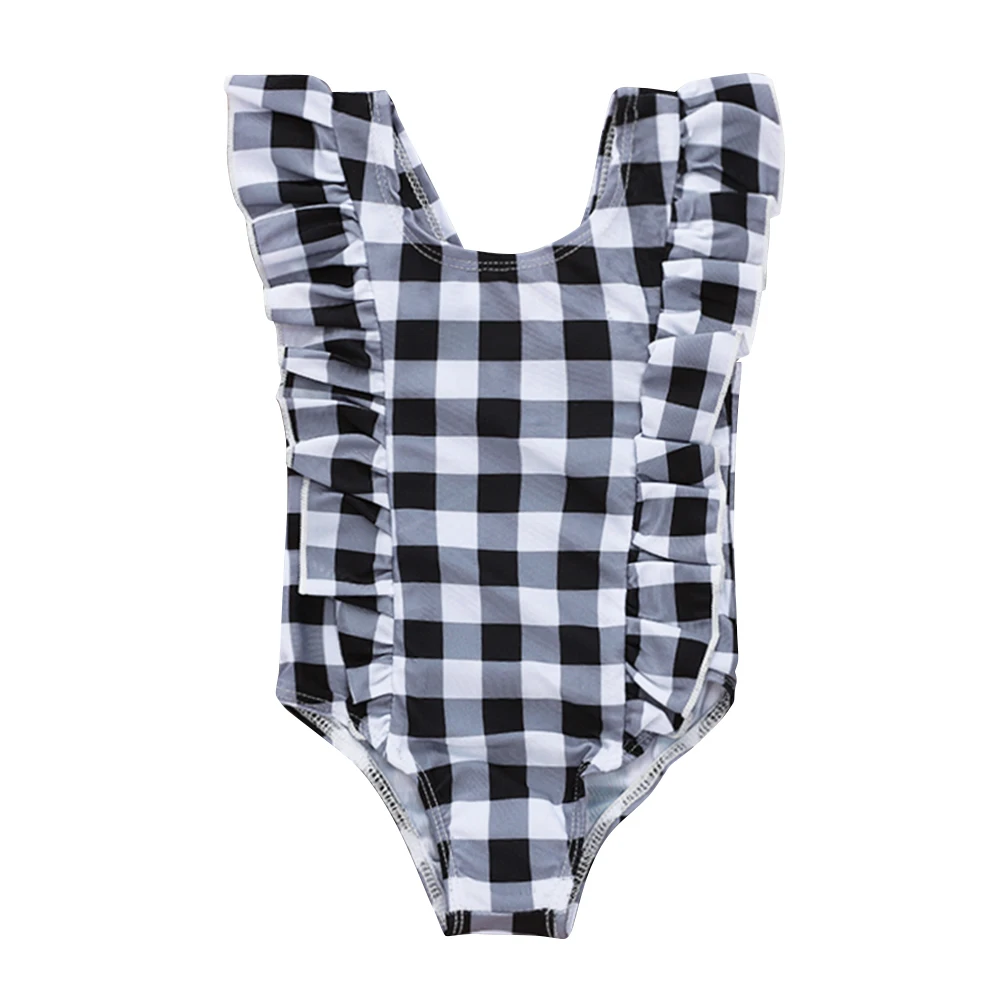 

2019 Swimsuit Baby Girl Plaid Bikini One-Piece Off Shoulder Lace Up Ruffle Swimwear Soft Bathing Suit Plaid Lovely Summer D35
