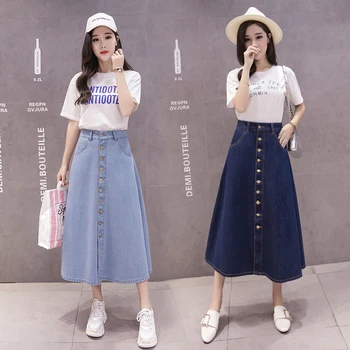 

Vintage Single Breasted High Waist Denim Skirts Women Spring Summer Casual Pocket Long Skirts Jeans skirt