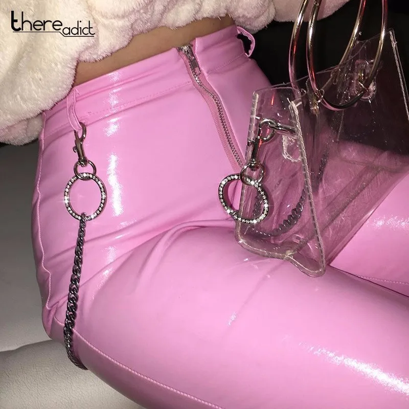 Latex Faux Pu Leather Pants Women Trousers Front Zipper Mid Waist Sexy Female Bodycon | Женская одежда