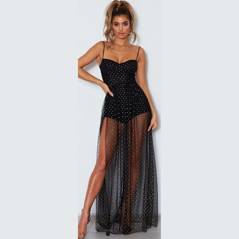 

Summer Women Boho Sexy See-through Maxi Lace Tulle Dress Lady Sleeveless Evening Party Beach Dress Long Summer solid Sundress