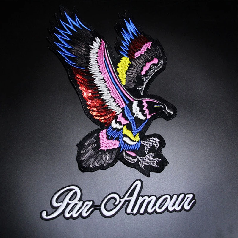 

1SET "Par Amour" Big Colorful Bird Eagle Embroidery Sweater Clothes Patch Sequined Stickers T-shirt Diy Decoration Moto Hip Hop