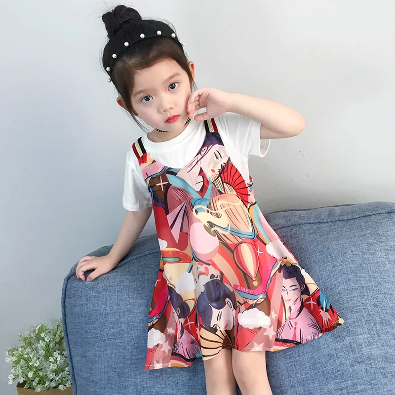 

Children's clothing summer 2019 new short-sleeved chiffon shirt + cotton T-shirt suit printing girls clothes