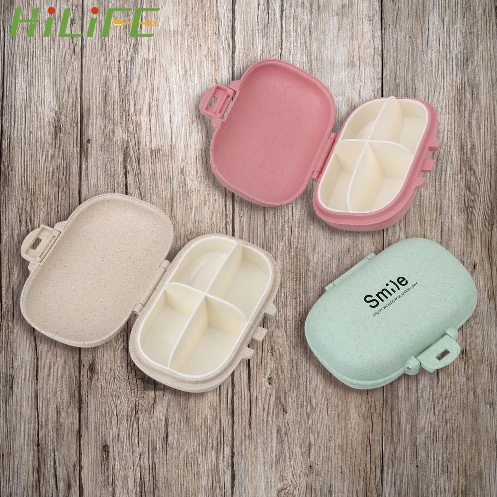 

HILIFE Jewelry Container Travel Pill Storage Case Wheat Fiber Medicine Box Smile Pattern 4 Compartment Dust-proof Mini Box
