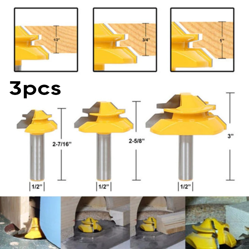 

3pcs/Set 1/2" Shank Mitre Glue Joint Router Bit 45 Degree DIY Woodworking Cutter Miter Router Bit Woodwork