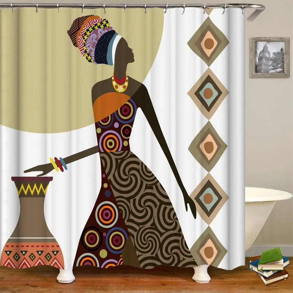 Трехслойная Этническая занавеска для душа американская африканская женская Танцевальная дизайнерская полиэфирная ткань ванная комната шторы с крючками оранжевый