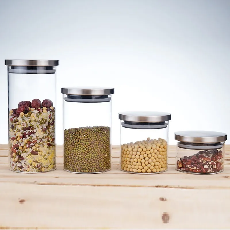 Murah Borosilica Kaca Stoples dengan Tutup Stainless Steel Rumah Penyimpanan Botol Wadah Bumbu Dapur Disegel Permen Massal Mason Jar