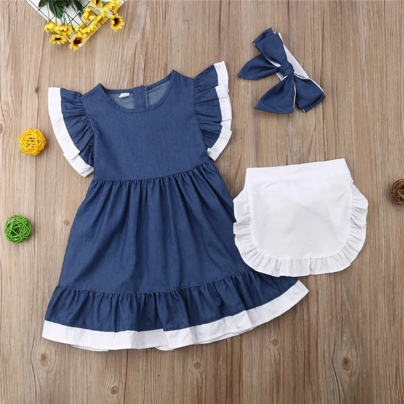 3PCS Summer Cute Baby Girls Denim Tutu Dress Fashion Infant Kids Sleeveless Ruffles With Bow