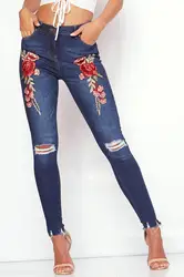 Модные рваные джинсы с дырками женские тонкие эластичные Вышивка Узкие рваные джинсы Европа и Америка синие джинсовые брюки
