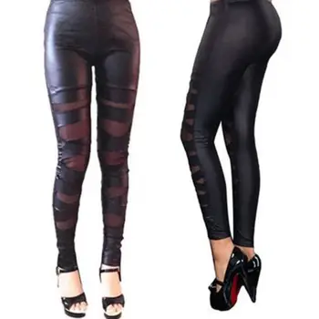 

Fashion Women's Artificial Leather High Waist PU Hollow Casual Tight Elastic Nine Pants