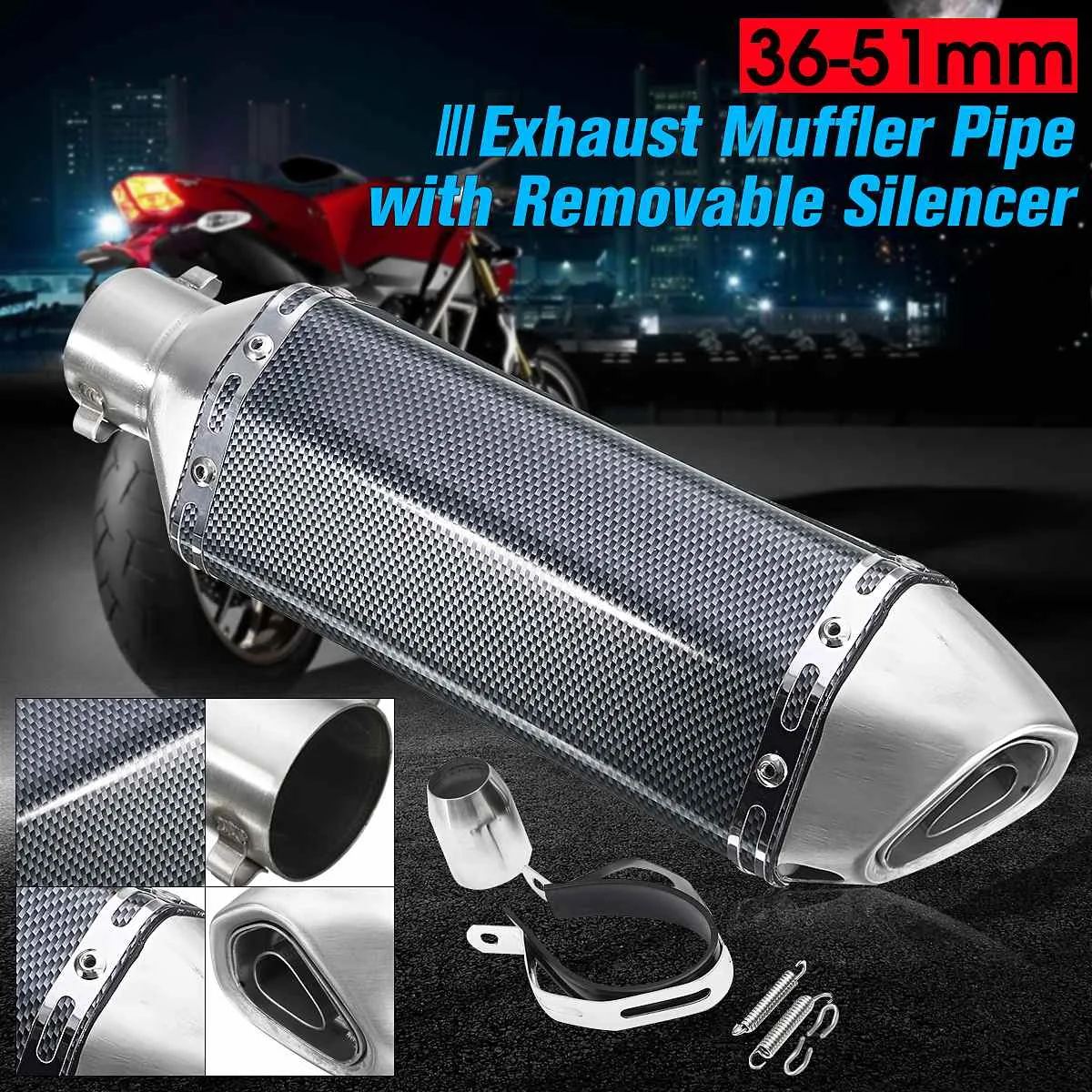 

36-51mm Motorcycle Carbon Fiber Exhaust Muffler Pipe Removable Silencer