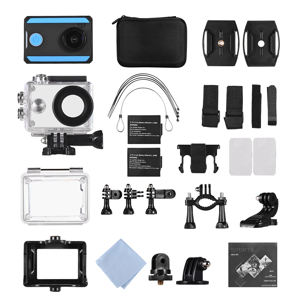 4K Ultra HD Sports Action Camera 170° Wide Angle 2.0 Inch LCD Display 30 Meters Waterproof with 2pcs Li-ion Batteries WiFi